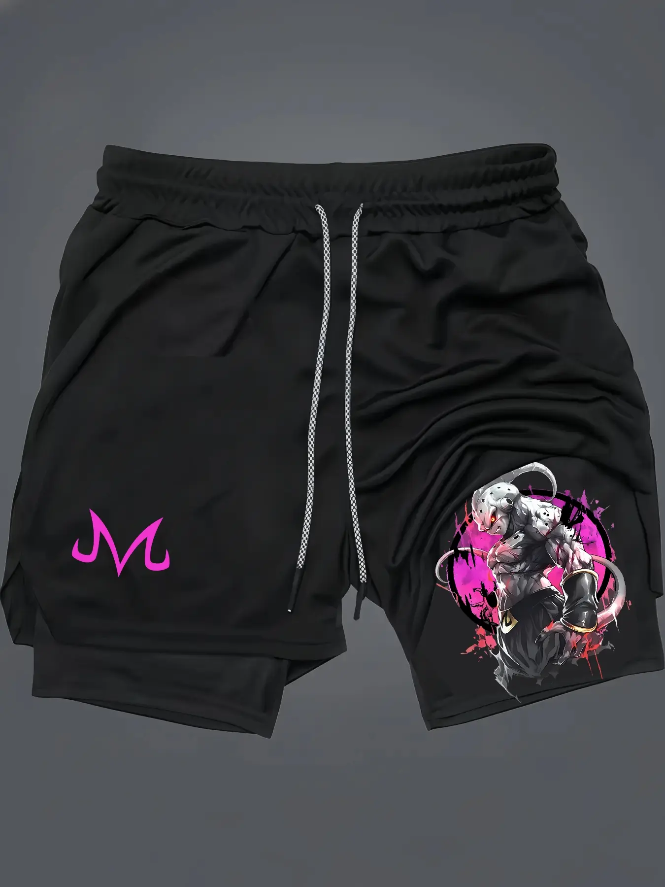 Dragon Ball Majin Buu Print 2-In-1 Drawstring Waist Shorts, Streetwear Sports Shorts, Fitness Beach Shorts, Quick-Dry Swim Trunks, Loose Fit with Pockets, Ideal for Summer & Workout, Workout Impact Shorts