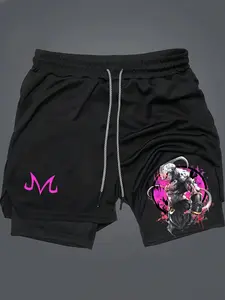 Dragon Ball Majin Buu Print 2-In-1 Drawstring Waist Shorts, Streetwear Sports Shorts, Quick-Dry Swim Trunks, Loose Fit with Pockets, Ideal for Summer & Workout