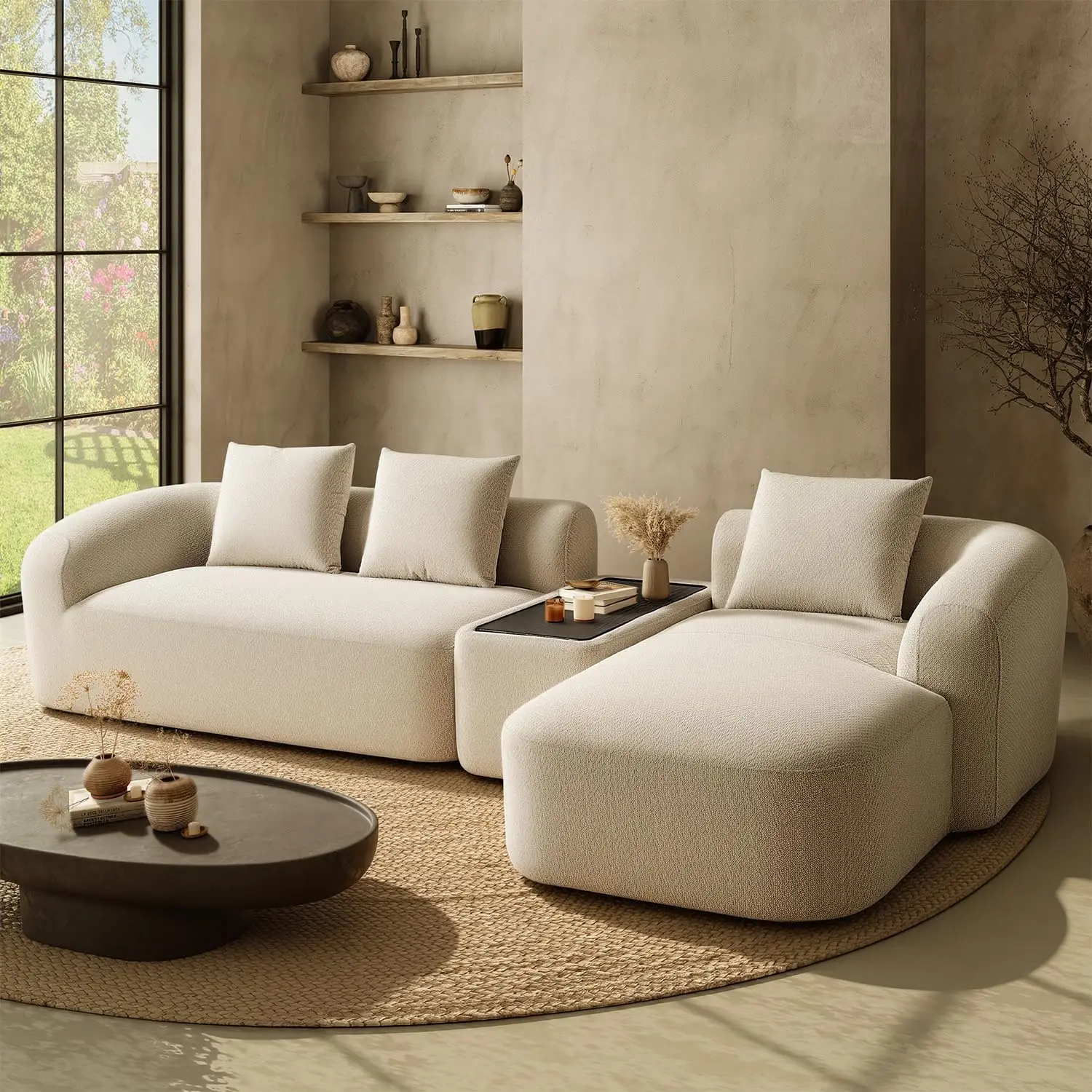 [Summer Sale]Relefree 136" Curved Sofa for Living Room, Modern Chenille Sectional Couch with Movable Coffee Table, 4-Seater Oversized Cloud Sofa with Spring & High-Resilience Foam, Deep Seat Comfort, White