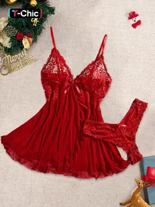 Christmas Two-Piece Matching Lingerie Set, Sexy Lace Underwear Nightwear Loungewear Womenswear for Women, Comfortable, Breathable Loose-Fit Design, Perfect Gift for All Seasons