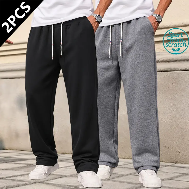 Pack of 2 men’s casual outdoor sports pants: 60% cotton long sweatpants/joggers, solid color regular fit; suitable for sports, outdoor activities, fitness, workouts, and simple everyday wear; elastic waistband with drawstring.