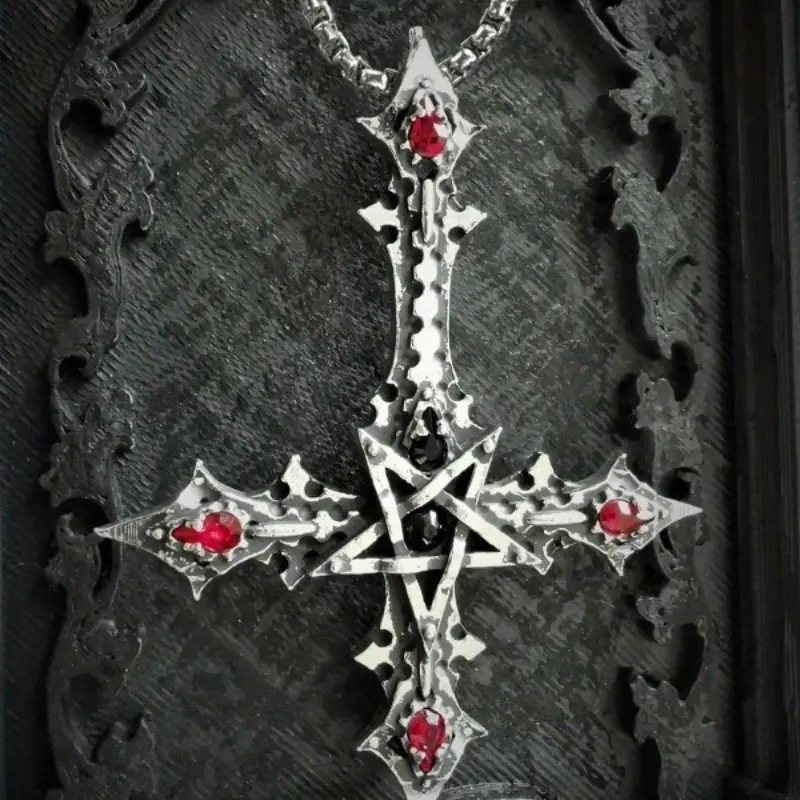 Men's Gothic Cross Star Cuban Links Necklace, Silver-Tone Retro Punk Geometric Pendant, Adjustable Chain for Party & Daily Wear