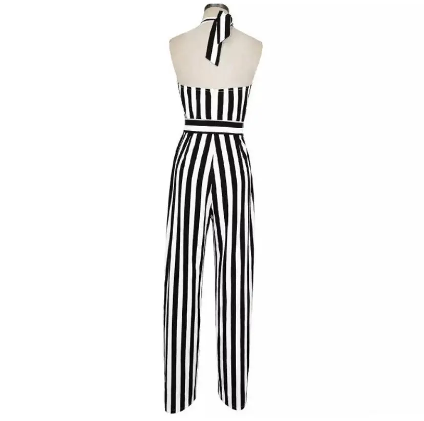 Elegant Wide Leg Backless Jumpsuit Romper Women's Striped Halter Neck Adjustable Comfort Fit for Formal Day Wear Overalls Prom Womenswear Customized Straps Sleeveless Fitted Style