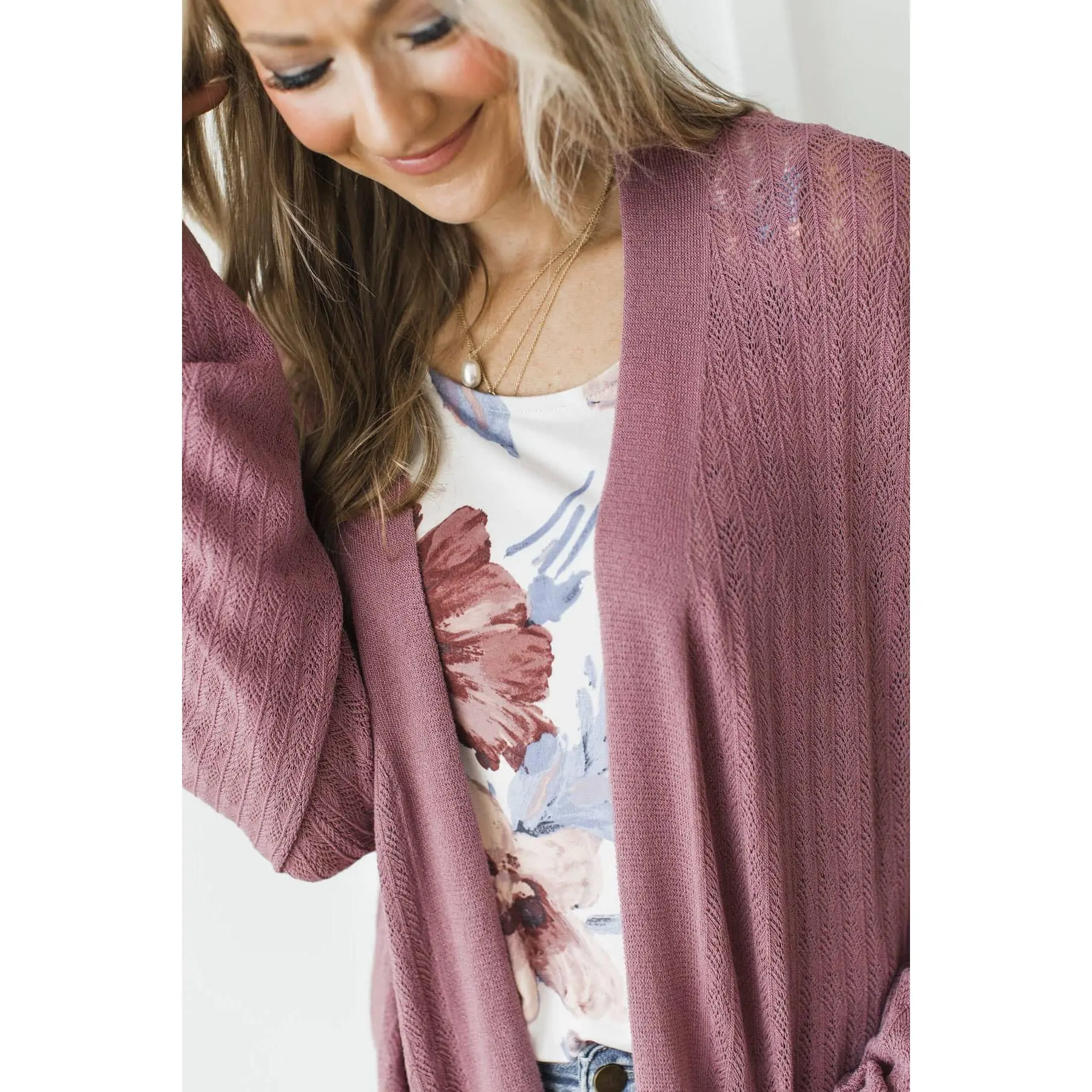 Lady's Basic Mauve Long Sleeve Pointelle Knitting Cardigan - Relaxed Fit, Open Front, Pockets, Ribbed Hems, Lightweight Viscose-Nylon Blend Fabric, Women's Knitwear Top