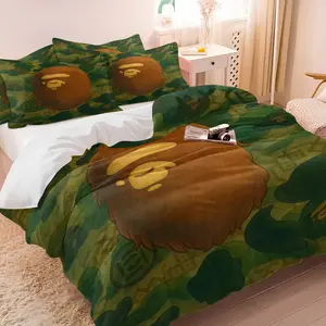 BAPE Vintage Green Camo Ape Head Duvet Cover Set, Aged Texture Camo with Deep Brown Ape Head, Soft Comfortable Trendy Retro Military Style Bedroom Decor, 1 Duvet Cover and 1-2 Pillowcases without Core, Bedroom Bedding Set