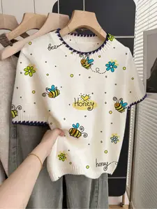 1 piece + French Retro Loose Round Neck Short Sleeve Contrast Trim Beige Women's Contrast Color Cartoon Print Spring/Summer Knit Top, Casual Fashionable Top, Casual Top, Womenswear