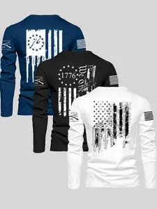 Men's Classic Crew Neck Long Sleeve Fitted T-Shirt, Tops, Streetwear, Flag Print Design, Spring & Fall Outdoor Casual Wear, Daily Versatile Style