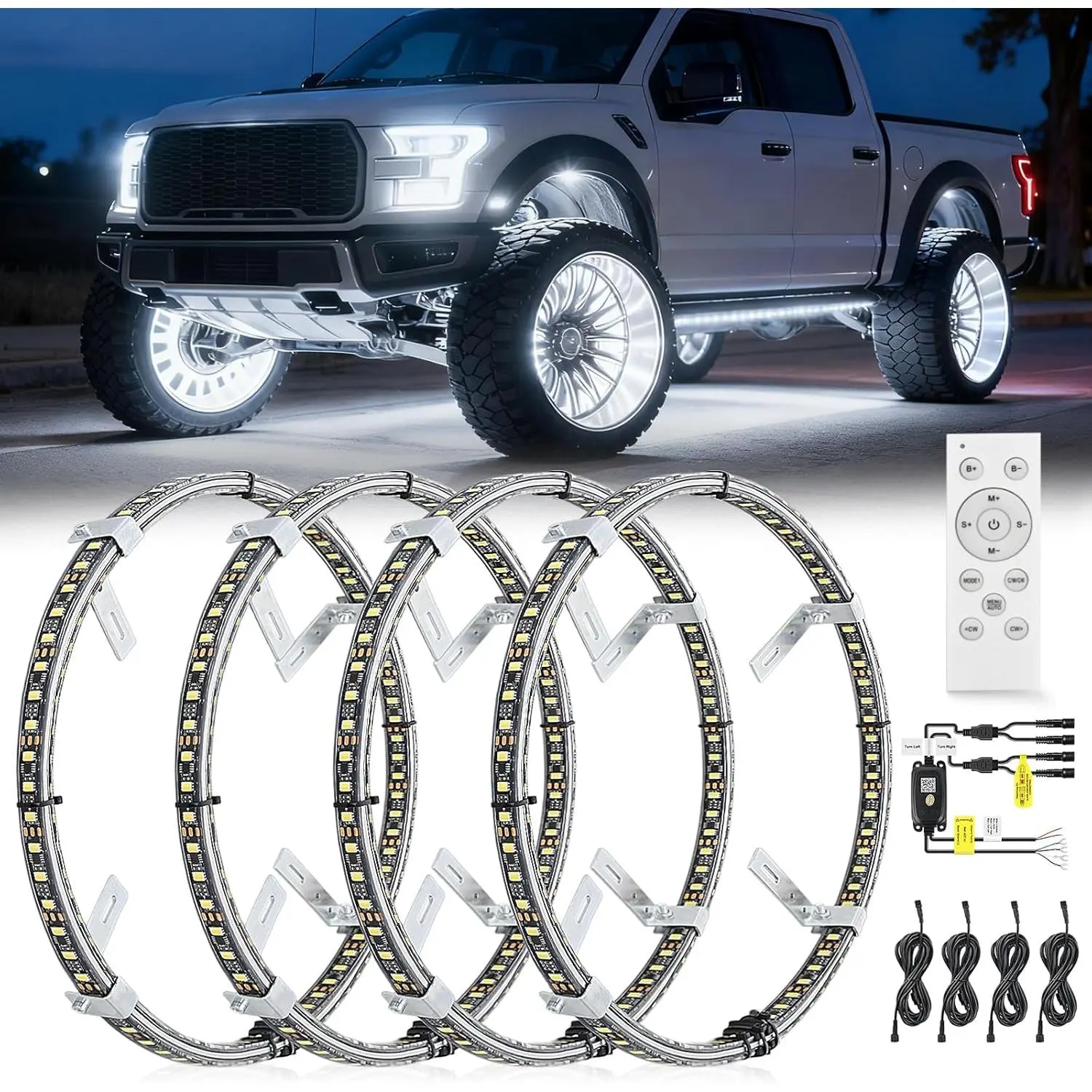 Nilight 4PCS Multipack 15.5in Adjustable Waterproof Luminous Double Row LED Wheel Ring Lights, Pure White w/ Remote Control, Turn Signal/Braking/Reverse Functions, 13ft Stainless Steel Cable Ties, 1 Control Box, 1 Manual for Car SUV Truck