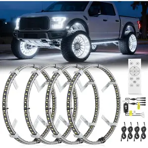 Nilight 4PCS 15.5inch Double Row LED Wheel Ring Lights Pure White with Remote Control w/Turn Signal Braking and Reverse Function Dual Row for Car Van SUV Truck