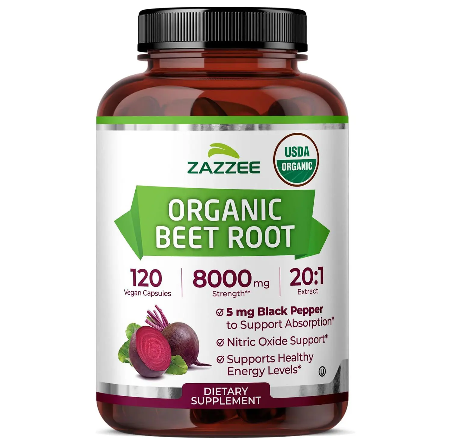 Zazzee USDA Organic Beet Root 20:1 Extract, 120 Vegan Quick Release Capsules, 4 Month Supply, Nitric Oxide Support, Black Pepper Extract for Enhanced Absorption, Certified Kosher, Non-GMO, Made in USA