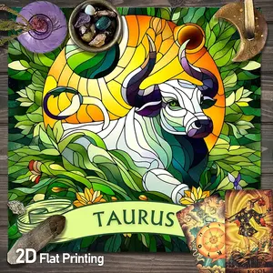 Celestial Zodiac Sign Altar Cloth | Harmonious Taurus Tarot Card Tablecloth | Mystical Lunar Phase Tarot Reading Cloth Suitable for Meditation Divination Astrology | Greenish & Yellowish Stained Glass Art Style Halloween Witchcraft Home Decoration