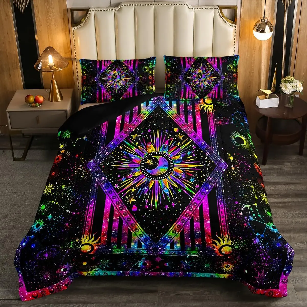 Feelyou Sun and Moon Rainbow Tie Dye Bedding Set - Psychedelic Celestial Astrology Duvet Insert, Hippie Trippy Galaxy Quilt Comforter, Decorative Bedroom Bedding, Bedroom Bedding Set, Decorative Bedding Set