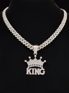 Men's Hip Hop Punk Necklace Pendant, Geometric Crown & King Letter Shape, Miami Cuban Chain, Daily Wear or Party Jewelry