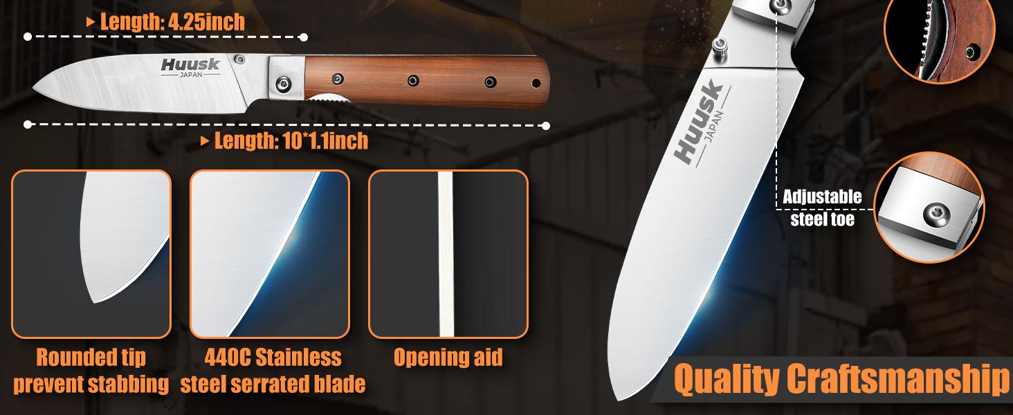 Huusk Folding Chef Pocket Knife, Japanese Santoku with 440C Stainless Steel Ultra Sharp Blade. EDC Kitchen, BBQ, Camping Knife for Meat, Veggies, and Fruits. Perfect Thanksgiving/Black Friday Gift.