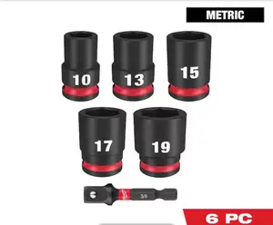 Milwaukee SHOCKWAVE 3/8 in. Drive Metric Standard 6 Point Impact Socket Set 6-Piece 10mm 13mm 15mm 17mm 19mm with Adapter