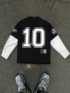Men's "10" Number Print Double-Layer Long Sleeve T-Shirt | Y2K Streetwear Oversized Twofer Tee with Racing Sleeve Graphics | Casual Street Style for Gen Z Guys Fashion