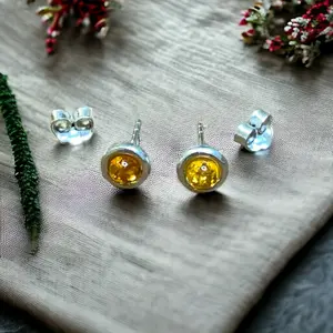 Women's Round Cognac Amber Stud Earrings Fashion Jewelry