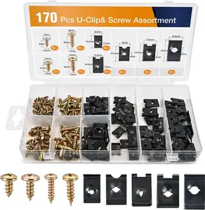 170Pcs Car U-Clip and Screw Assortment Kit 9 Different Sizes Automotive U Nut and Screw Clip Replacement Parts for Dash Door Panel Interior