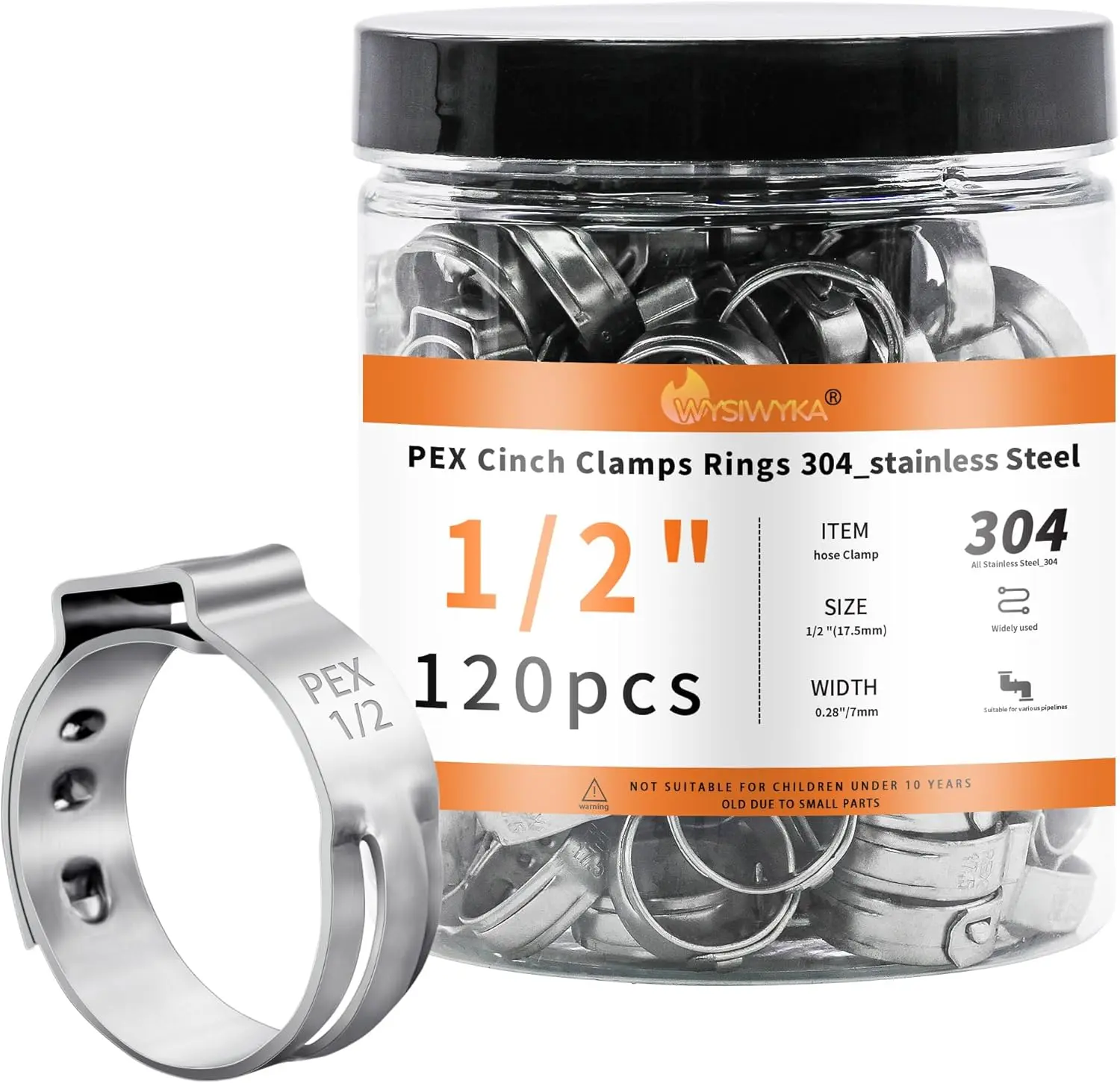 120 count 1/2 inch PEX Cinch Clamps Rings, 304 Stainless Steel Single Ear Hose Clamps, Heavy Duty Pex Crimp Rings for PEX Tubing Pipe Fitting Connections