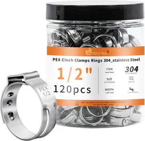 120 count 1/2 inch PEX Cinch Clamps Rings, 304 Stainless Steel Single Ear Hose Clamps, Heavy Duty Pex Crimp Rings for PEX Tubing Pipe Fitting Connections
