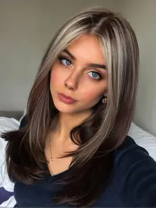 20 Inch Ombre Layered Cut Wigs for Women, Gorgeous Fluffy Straight Wigs with Curtain Bangs, Synthetic Full Machine Wigs for Party, Daily Hairstyle Ideas