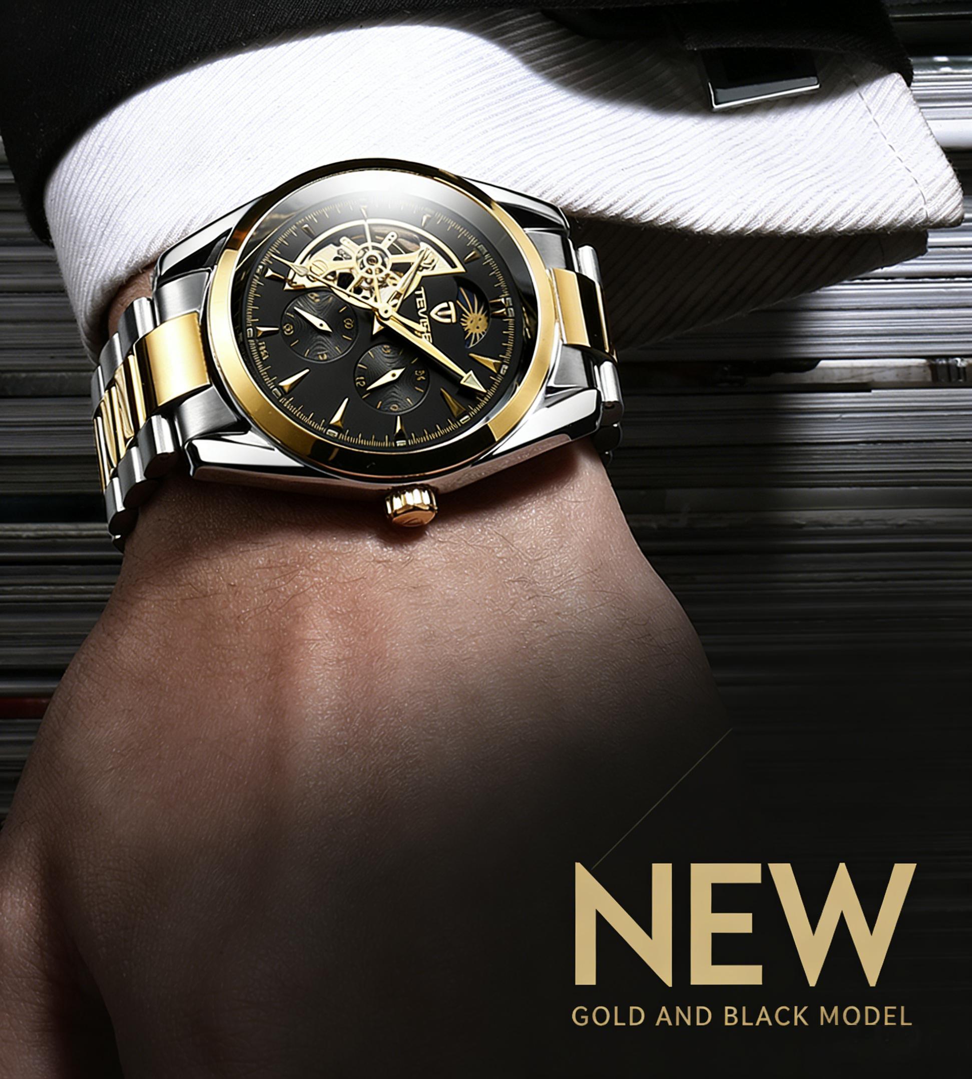 Luxury Men's Skeleton Watch, Moon Phase, Automatic Movement, Business Stainless Steel Wristwatch