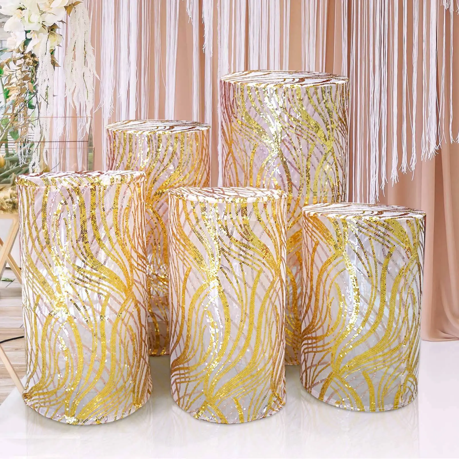 5-Piece Rose Gold Wave Mesh Cylinder Pillar Prop Decorative Covers - Premium 160 GSM Fabric, Embroidered Sequins, Decorative Festive Supplies for Weddings, Stores, Hand Wash or Spot Clean