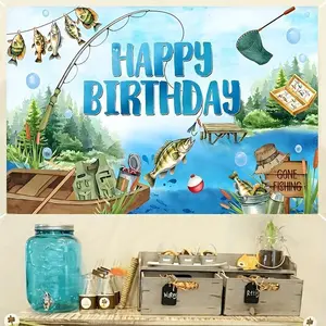 Fishing Themed Birthday Party Banner, Fishing Themed Birthday Party Decoration, Photo Props Background Cloth, Cake Table Background Decoration, Ornaments, Happy Birthday