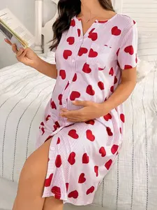 Heart Print Round Neck Single-Breasted Pocket Short Sleeve Maternity Nightgown for Summer Casual Wear Multicolor Geometric Pattern