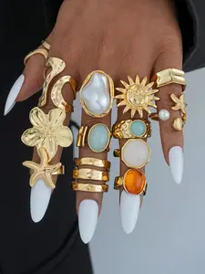 13-Piece Ring Set, Metal Colorful Gemstone Imitation Pearl, Oceanic Starfish Design, Boho Style, Geometric Pattern, Party Gift Jewelry