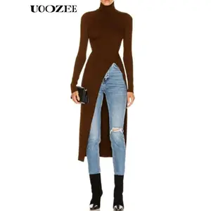UOOZEE Women's tight solid color slit high collar top, elastic fabric, comfortable long sleeve design, suitable for casual autumn and winter wear - multi-color, high quality fabric