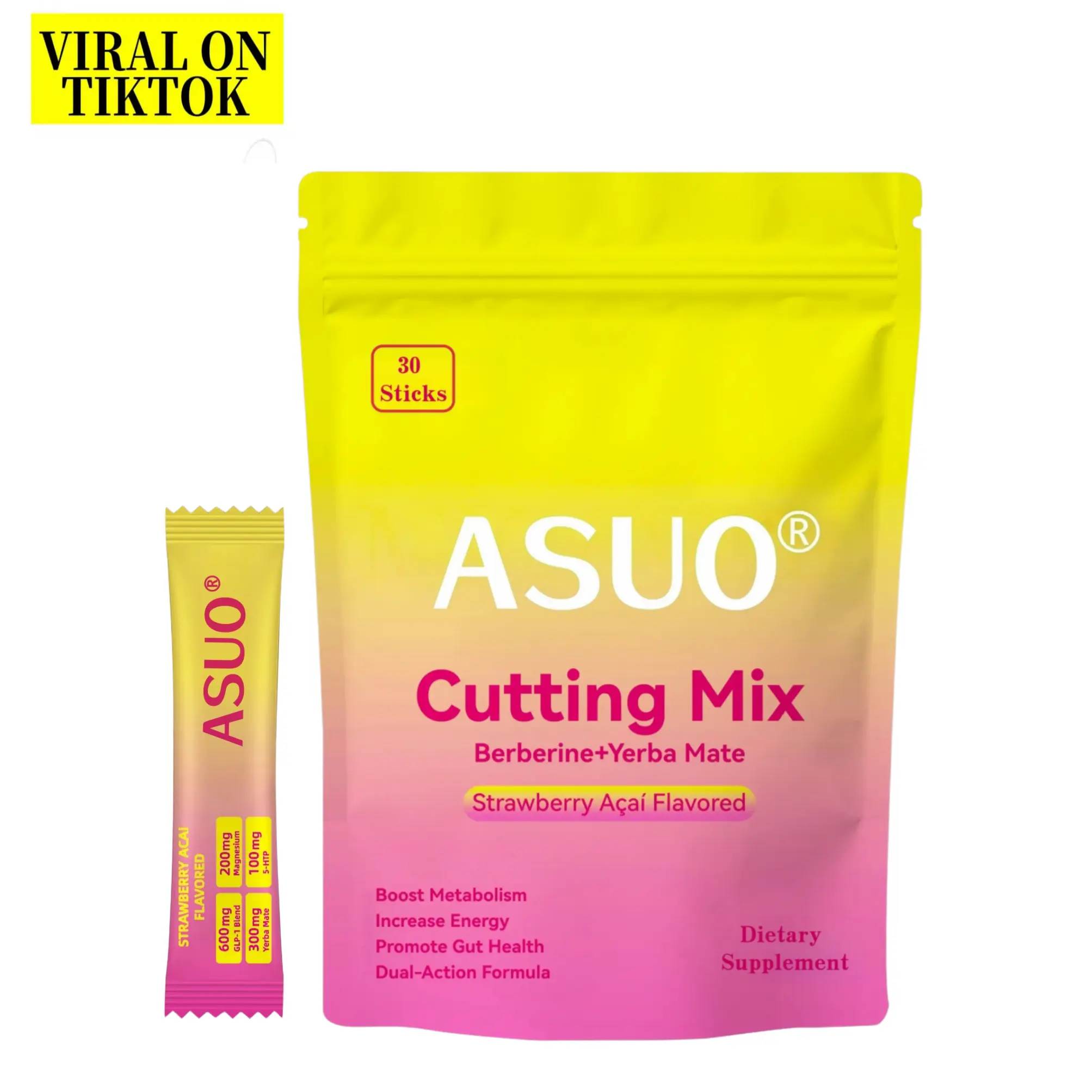 ASUO Strawberry Acai Flavor Cutting Mix Drink - Berberine,Yerba Mate for Gym Goals, Metabolism & Energy Support,30 Sticks Supplement Dietary