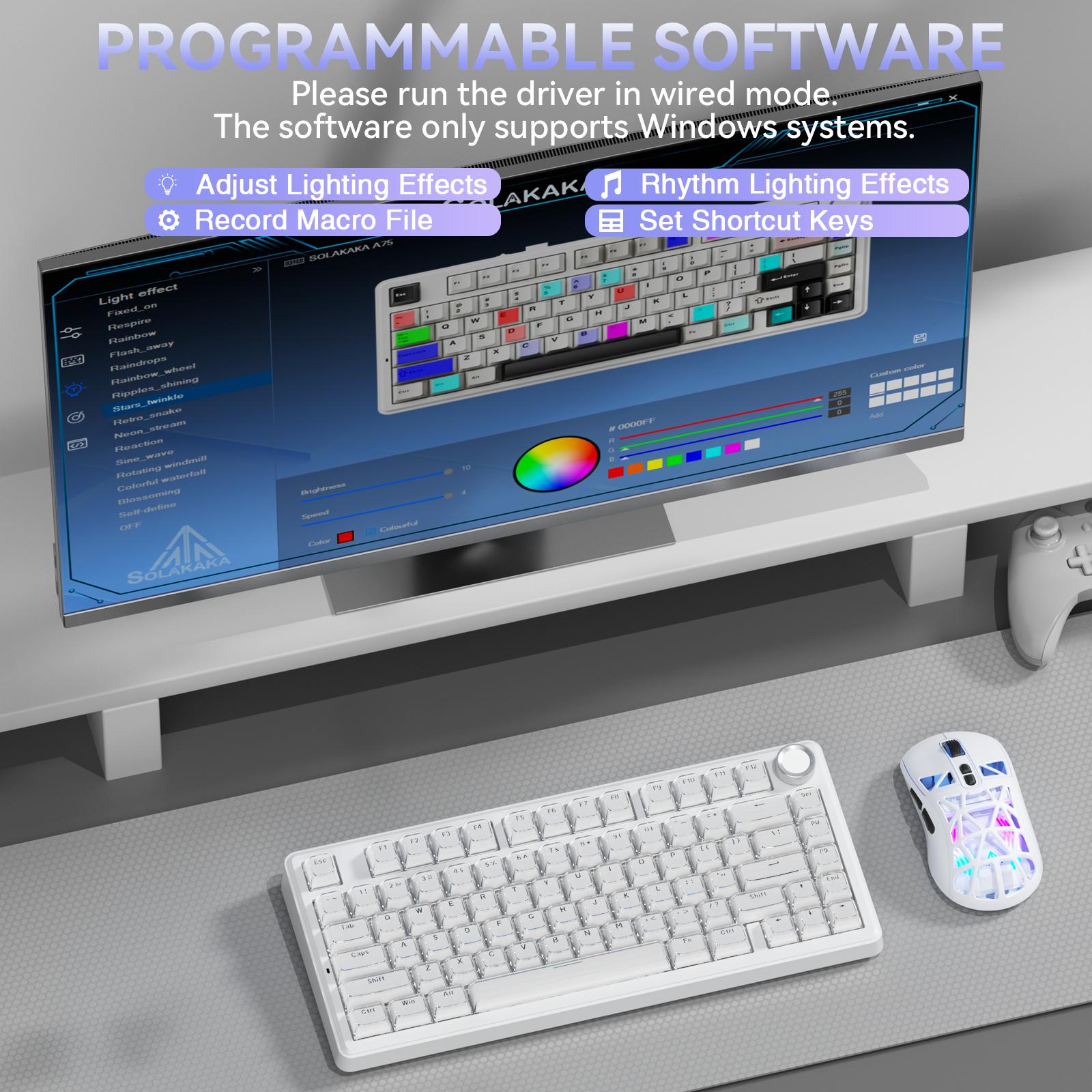 [New]SOLAKAKA A75 Crystal White Wireless Keyboard, Cute RGB 75% Mechanical Keyboard, Tri-Mode Bluetooth/2.4G/USB-C, Creamy Caramel Latte Linear Switch, Hot Swappable Aesthetic Keyboard for PC Mac Laptop