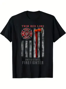Men's Firefighter T-Shirt with Axe Flag Design - Black Cotton Crew Neck Short Sleeve Shirt, Red Thin Thread Fire Dept Emblem, Suitable for All Seasons Casual Wear & Gifts for Firefighters, Machine Washable Firefighter Apparel
