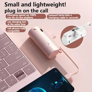 Capsule Mini USB Power Bank with Cable, Portable Compact Dual Device Charger, Airplane Compatible, Emergency Charging for All Phones