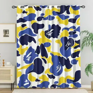 Blue and Yellow Camo Curtains with Cartoon Monkey Face Blackout Curtain 2Pcs/Set, No Drill Ring Design, Washable Fabric, Suitable for Bedroom Living Room Dorm Thermal Insulation, UV Protection, Multifunctional Home Decor, Curtain Panels