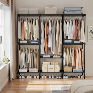 Freestanding Wardrobe Rack Closet Organizer, Clothes Rack with Shelves and Shoe Storage, Space Saving Clothing Storage