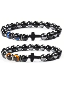 2PCS Cross Beaded Bracelet Set, Black Tiger Eye and Agate Cross Beaded, Christian Easter Gifts for Men, Faith Based Jesus Bracelet, Fathers Day Birthday Jewelry Gift