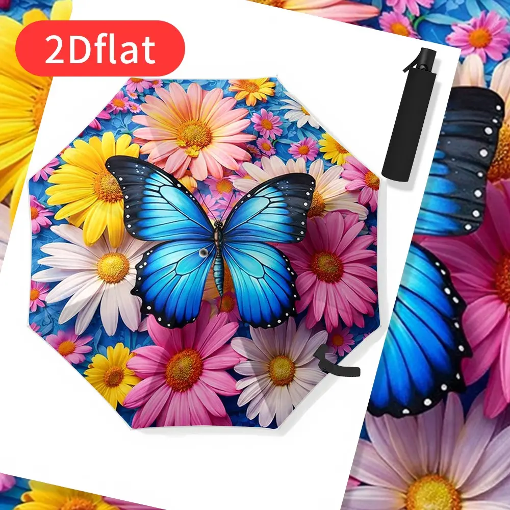 Large Blue Butterfly and Colorful Sunflower Auto-Fold Umbrella – Portable, foldable design with an 8-rib durable frame; a versatile all-season outdoor accessory, perfect as a Christmas or birthday gift. Butterfly