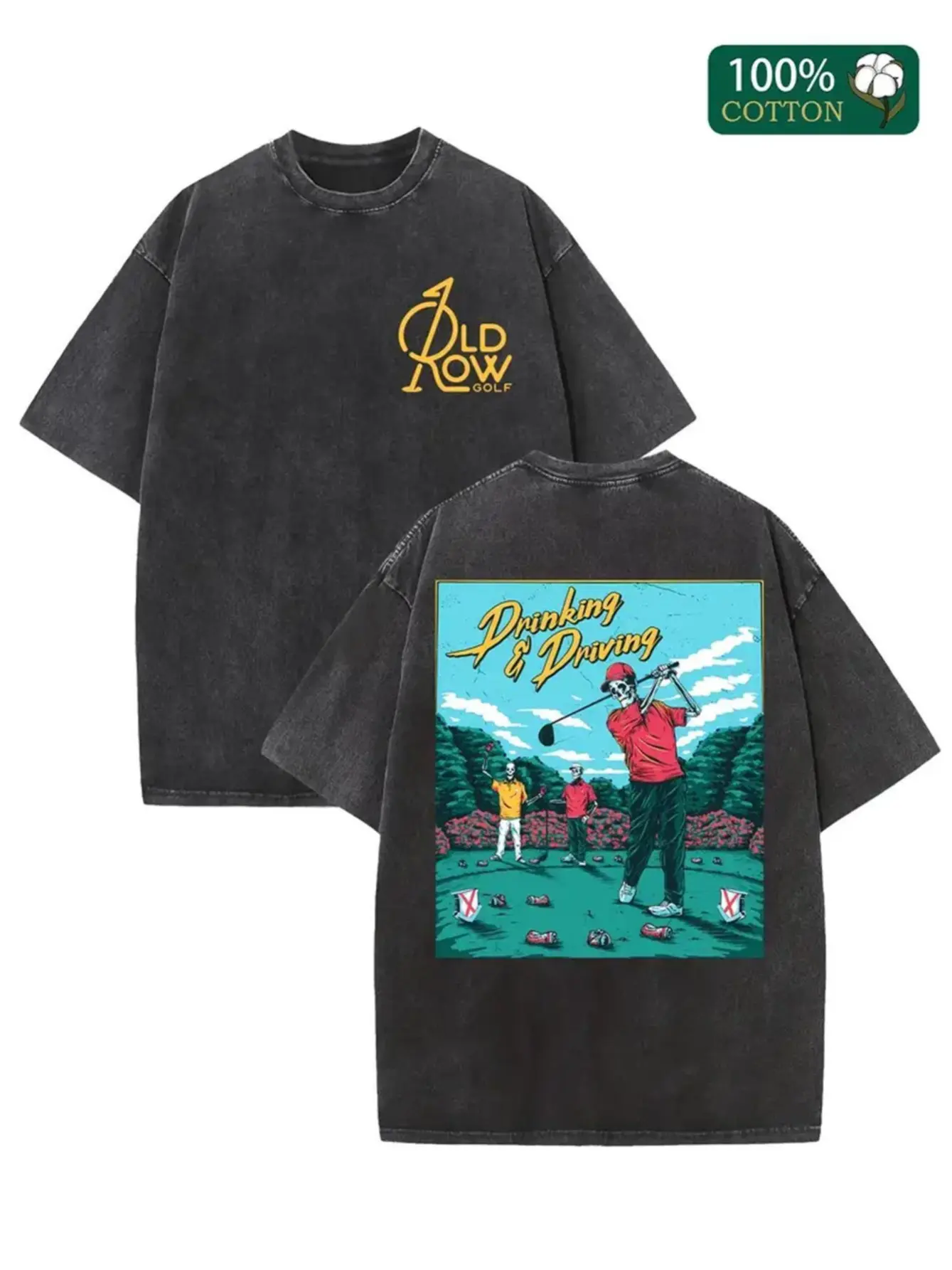 Menswear Washed Batik Retro Thick Cotton Short-Sleeve T-Shirt - Double-Sided "Drink and Don’t Drive" Graphic, Couple-Style Crewneck, Fashionable Casual Exquisite Streetwear Top