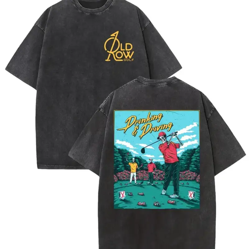 Menswear Washed Batik Retro Thick Cotton Short-Sleeve T-Shirt - Double-Sided "Drink and Don’t Drive" Graphic, Couple-Style Crewneck, Fashionable Casual Exquisite Streetwear Top