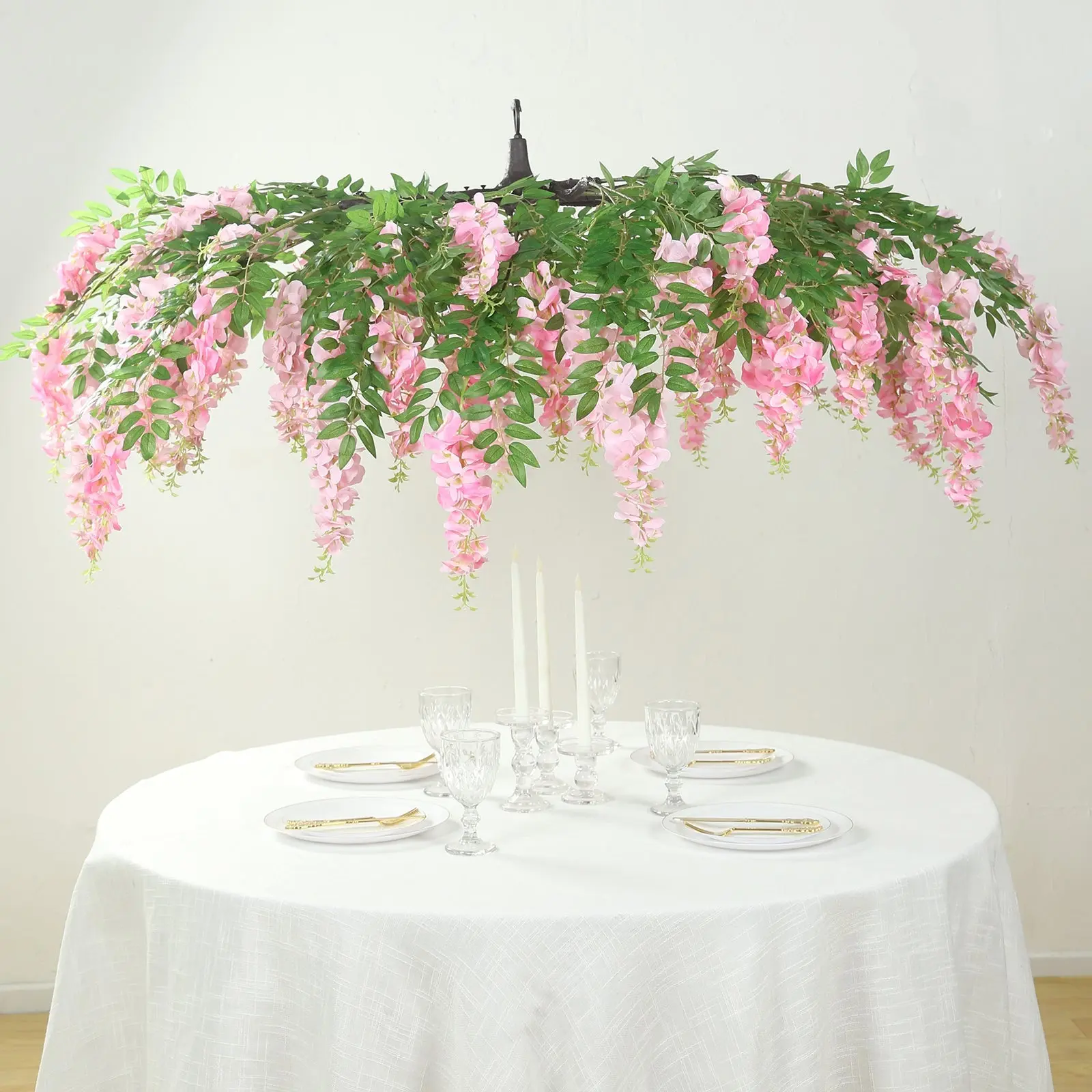55" Artificial Silk Wisteria Vine Round Hanging Canopy - Pink & Dusty Rose Draping Garland Flower Chandelier with Interchangeable Branches, Home Decor Ornaments