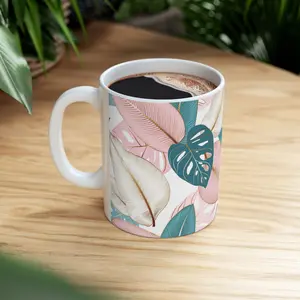 Tropical Leaves Pattern Mug | Pink Teal Botanical Ceramic Coffee Cup