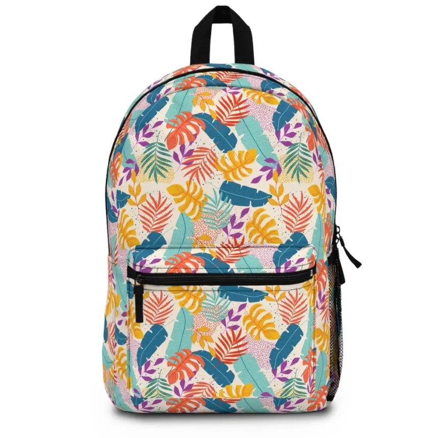 Colorful Tropical Leaves Backpack With Name Tag Inside, Back to School, Teen Girl Backpack, Boy Backpack, Tropical Forest Leaves School Bag