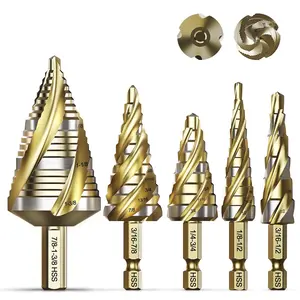 Four Spiral Flute Step Drill Bit Set, 5 count 1/8"-/8" (59 Sizes)  Steel Unibit Step Bits with 1/4" and 3/8" Hex Shank for Metal Stainless Steel   Plastic