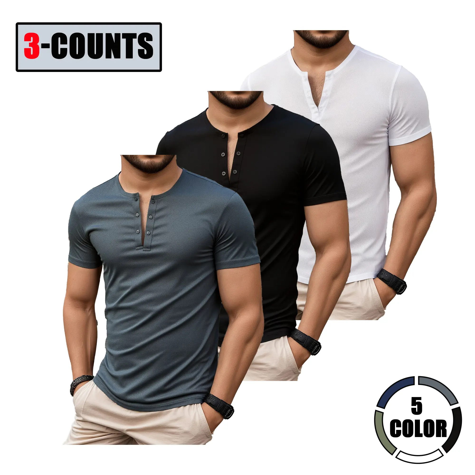 3-Pack Men’s Henley Collar Short Sleeve T-Shirts, Slim Fit, Quick Dry, Breathable, Solid Color, Casual Half Button Top Tshirt Menswear