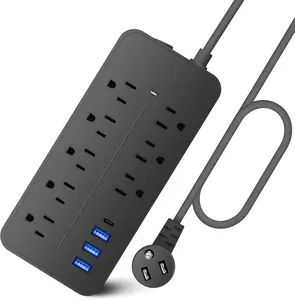Must-Have Surge Protector Strip, Flat Plug Long Extension Cord – 8 Outlets & 3 USB Ports for Home Office Dorm, Compact Charging Station