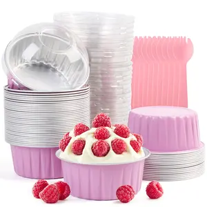 LotFancy 5oz Aluminum Foil Baking Cups with Dome Lids & Spoons 50Pcs Disposable Creme Brulee Ramekins Oven Safe Mini Cake Tins Muffin Cups Pink for Individual Desserts