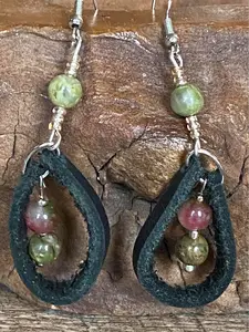 Leather, genuine tourmaline and painted jasper dangle earrings