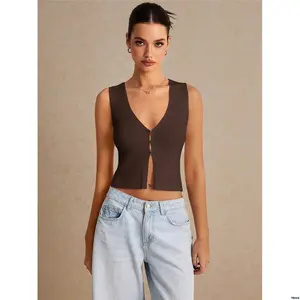 BreastedCroppedFittedKnitVest sSolidColorSingle u00e9selleWomen | Po -